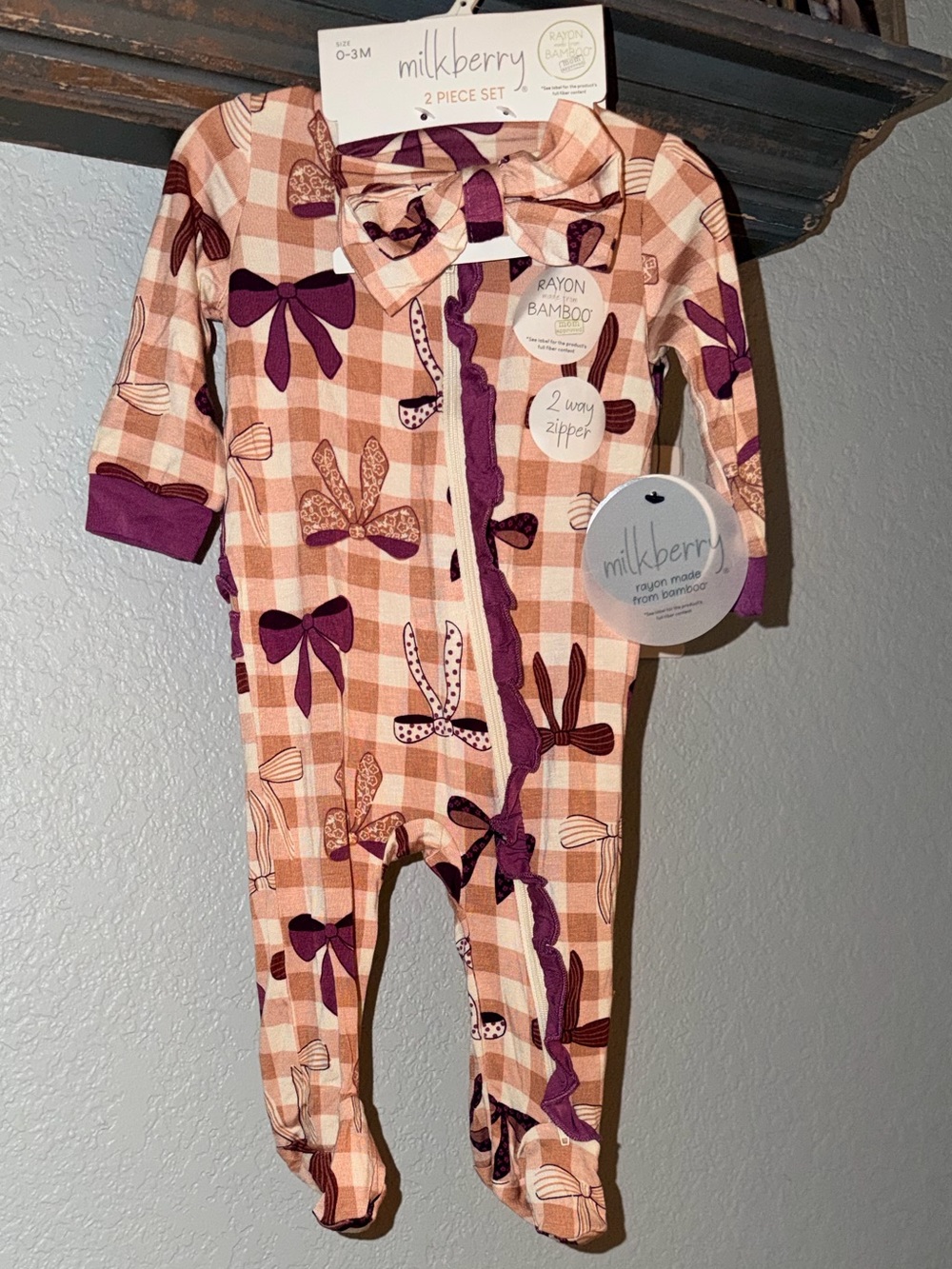 Milkberry Bamboo 0-3 Peach Plaid Baby Sleeper with Purple Bow Accents 2 Way Zip